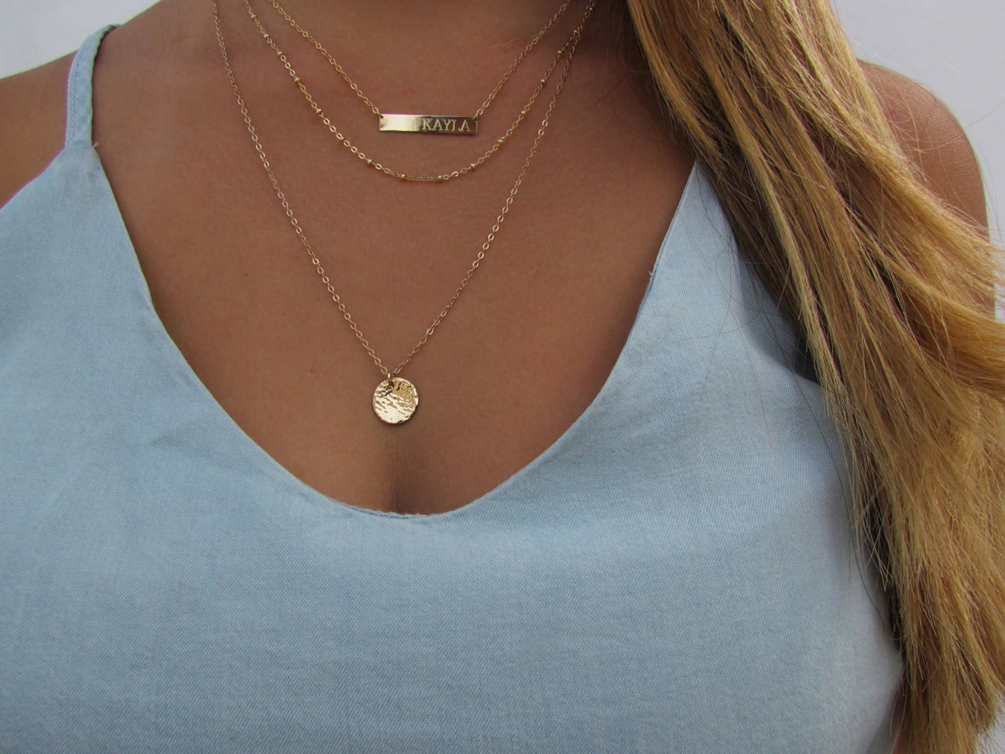 Engraved Bar Layering Set | Personalized Bar Necklace, Beaded Chain & Hammered Disc Necklace